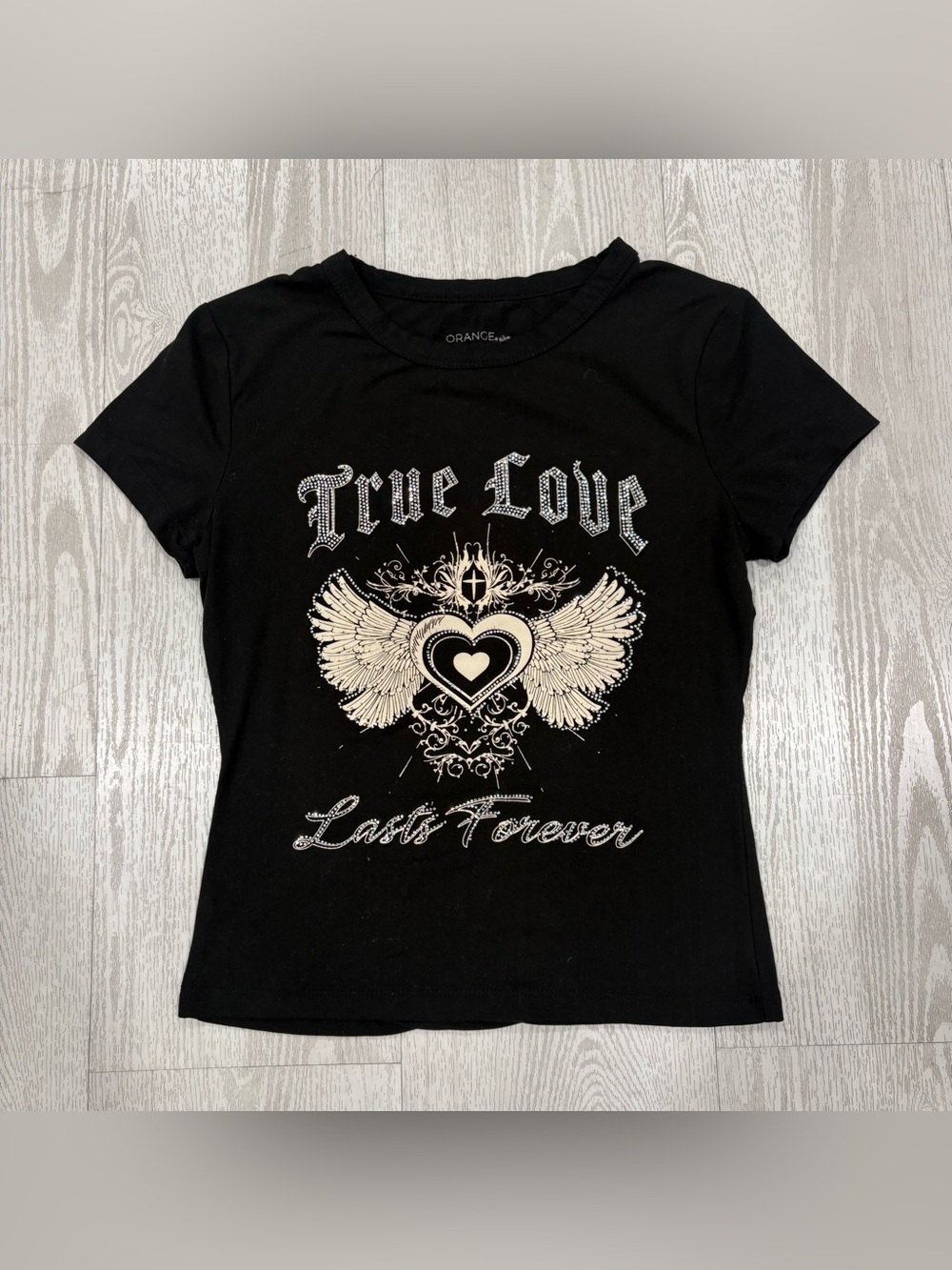 Orange Kiss Black Rhinestone "True Love Lasts Forever" Y2K Baby Tee